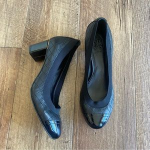 Tory Burch Black Quilted Block Heel Pumps with Patent Toe